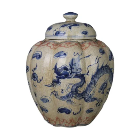 Antique Hand Painted Blue and White Dragon Pattern Porcelain Temple Ginger Jars