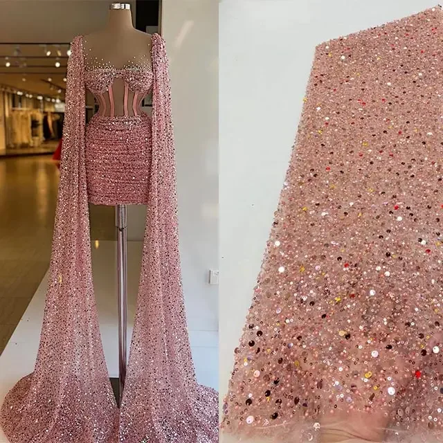 Factory Price African Tulle Lace White Beaded Colorful Sequined Evening Embroidered Glitter Lace Fabrics For Wedding Dress