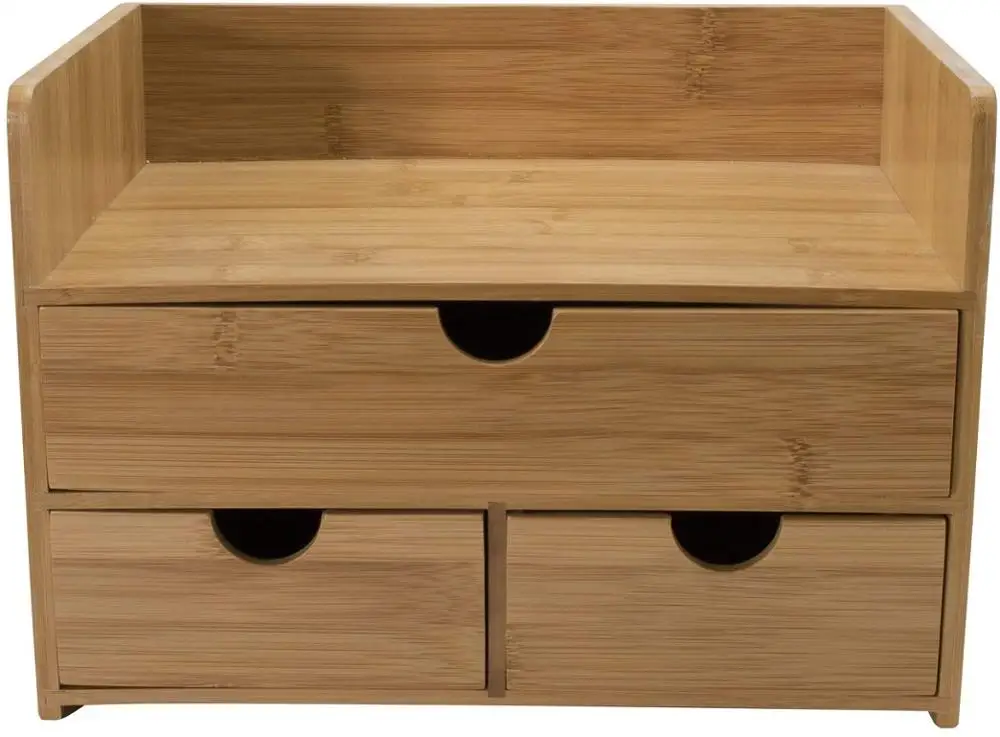 3-Tier Bamboo Shelf Organizer for Desk with Drawers   Mini Desk Storage for Office Supplies, Toiletries, Crafts, etc