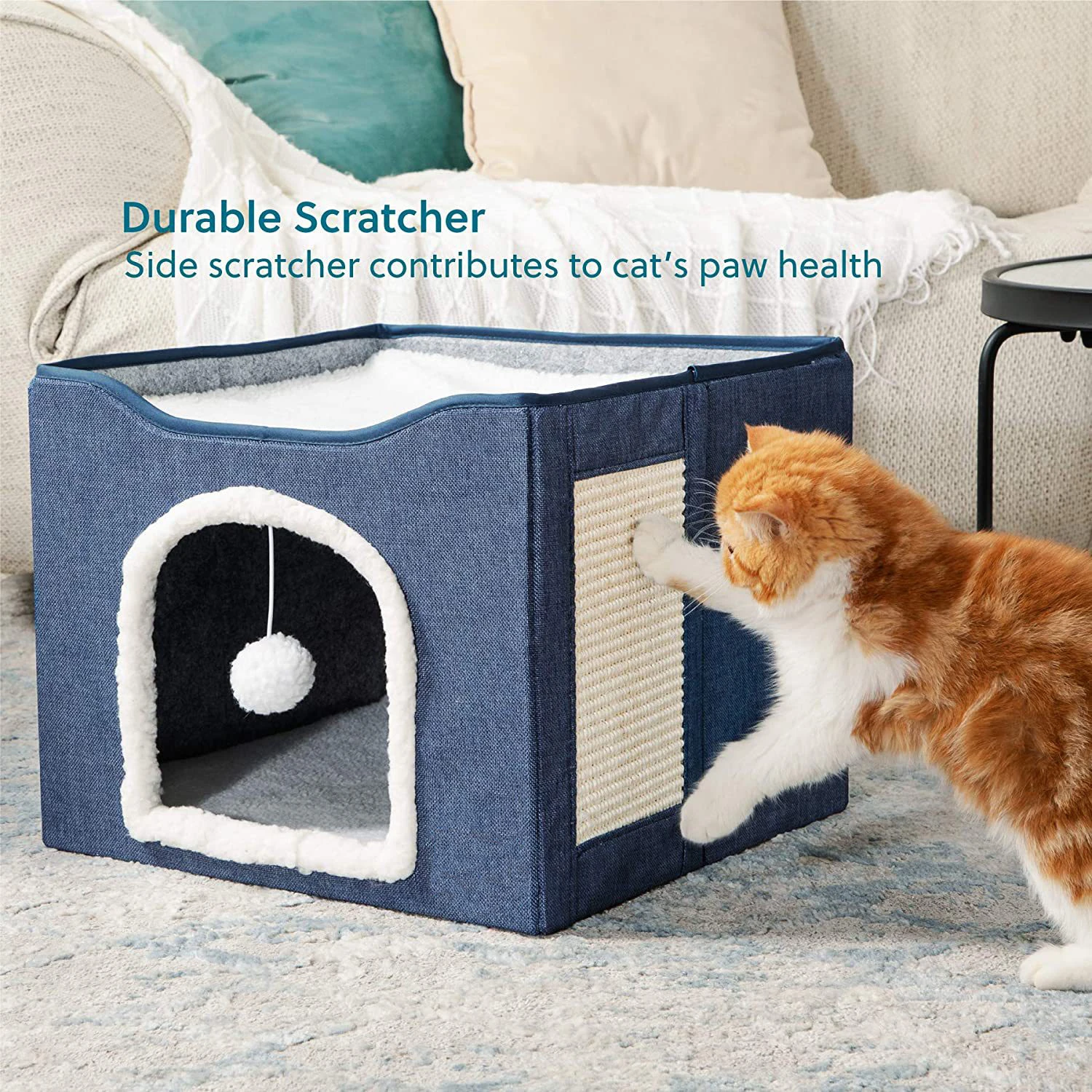 Cat Beds for Indoor  Large Cat Cave for Pet Cat House with Fluffy Ball Hanging and Scratch Pad Foldable Hideaway