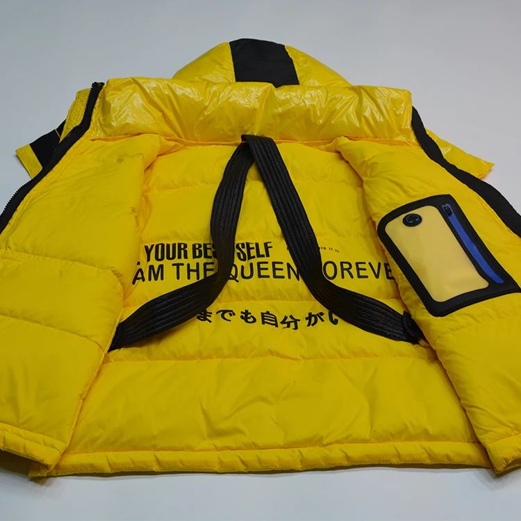 Yellow shiny waterproof puffer winter duck down jacket 3D embroidery bubble down coat women