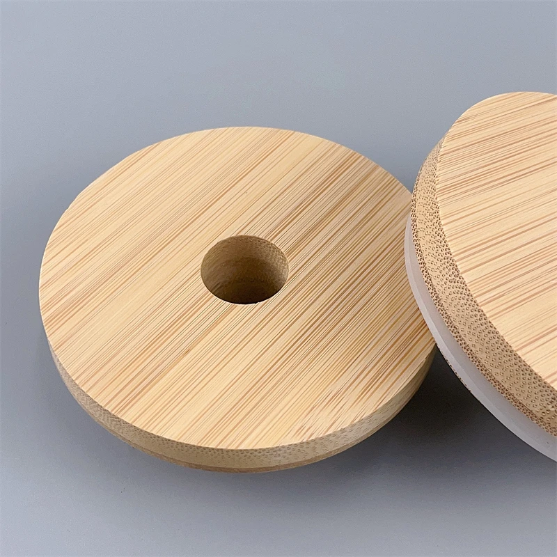 wholesale 70mm Durable Drink Jar Mason Jar Lids 86mm Wooden Bamboo Lid With Straw Holes