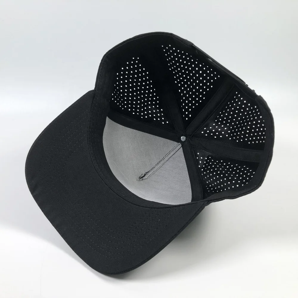 OEM popular polyester A frame laser cutting breathable golf snapback hat with rope custom 5 panel rubber pvc logo baseball cap