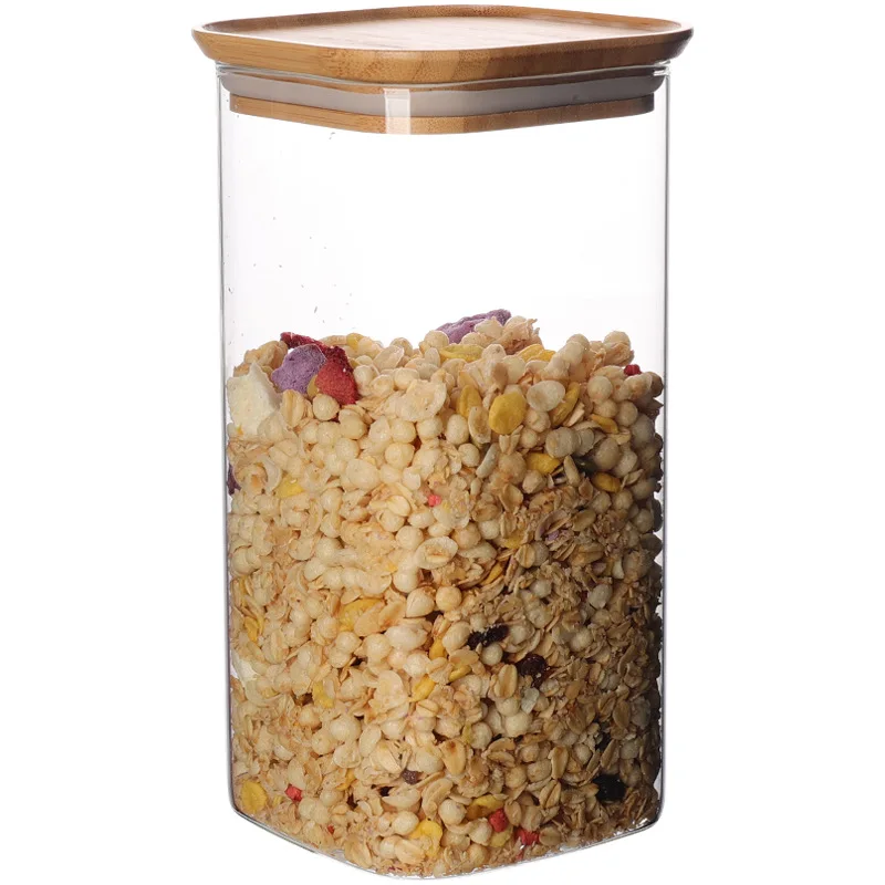 Eco-friendly clear Nut candy effervescent package High Borosilicate custom square glass storage jar with Natural Bamboo Lids