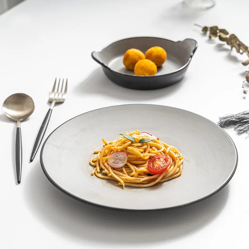 Restaurant Unbreakable Black Gray Frosted Disc Melamine Flat Plates Dishes Set for Western Food Steak