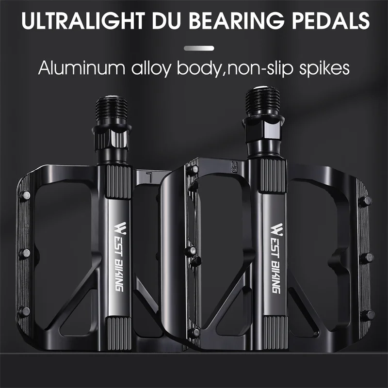 WEST BIKING Aluminum Alloy Waterproof Dustproof Bike Pedal Ultralight DU Bearing Bicycle Pedals Non-Slip Spikes Widen Bike Pedal