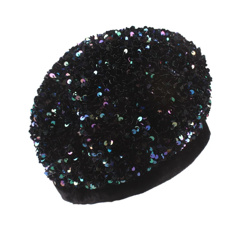 Club Party Night Wear Bling Bling Knitted Hat Female Winter Beret Sequin Hat  for Lady