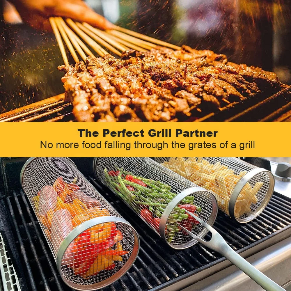 Round stainless steel metal net tube bbq barbecue basket cylinder rolling grilling basket