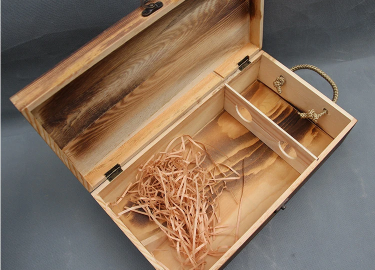 Vintage Custom Dark Torched Brown Pine Wood Double Wooden Wine Box