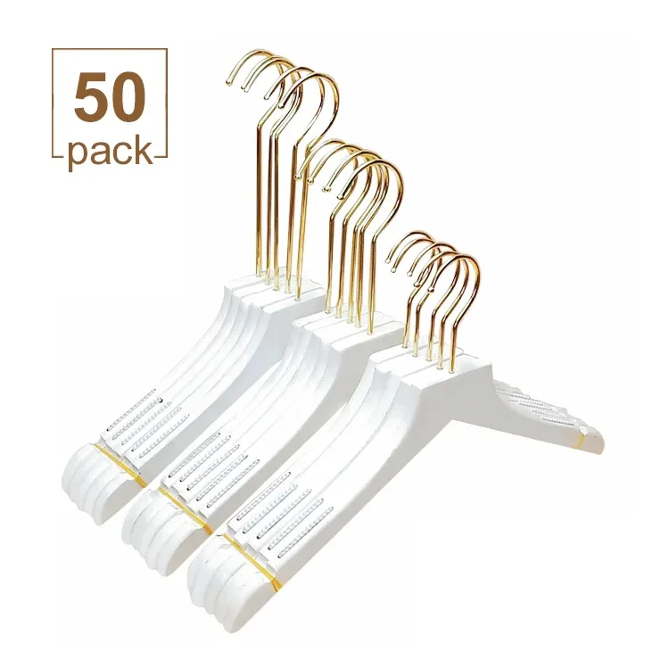 Factory customization Garment white wood clothes hangers racks gold hook for boutique wooden
