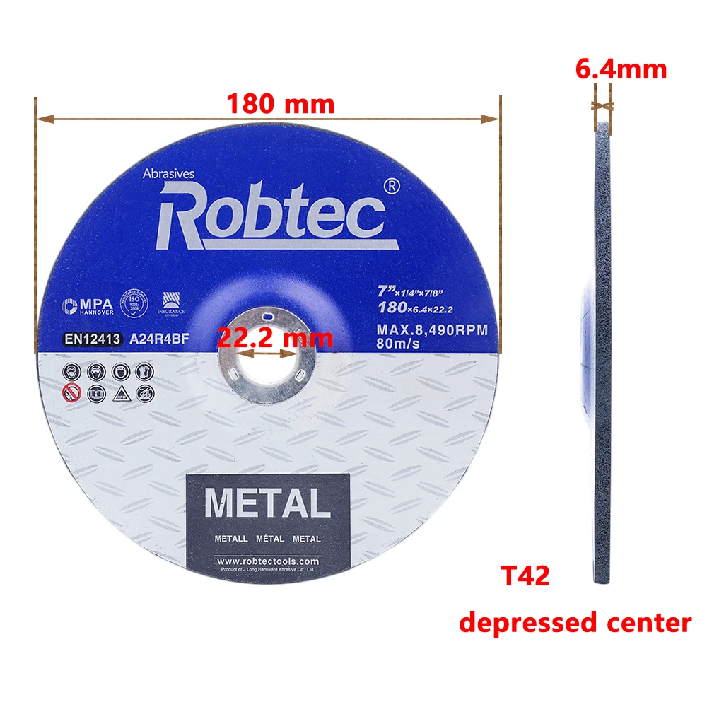 ROBTEC 180x6.4x22.2mm grinding metal Fiber reinforced bonded abrasives grinding wheel depressed centre grinding discs