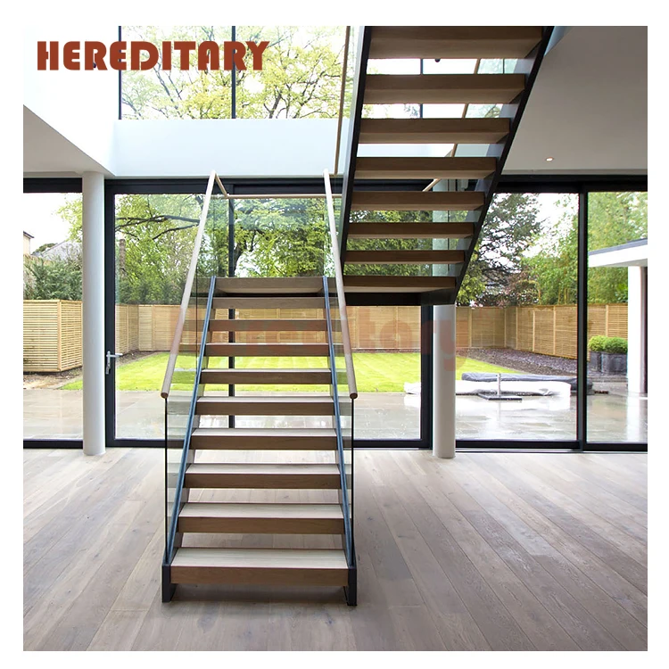 Wrought iron wooden stairs treads staircase with tempered glass stair parts