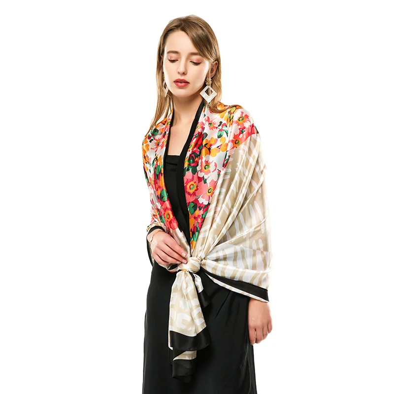 180X90cm triangle stitching twill flower print design soft scarfs for women stylish floral shawl silk scarves