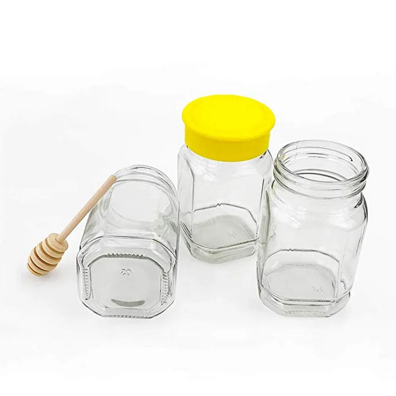 Avertan hexagon glass mason mini 50ml 500 gram 1kg honey bear jar with metal lid and dipper