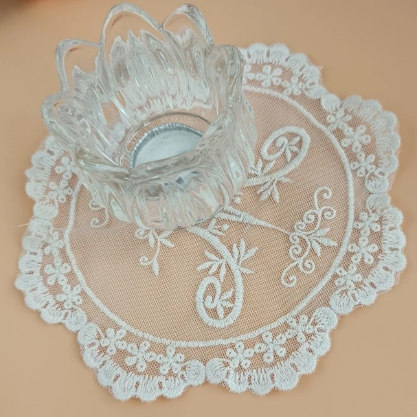 coffee cup organza embroidery doilies,flower applique embroidery lace doilies for table decoration