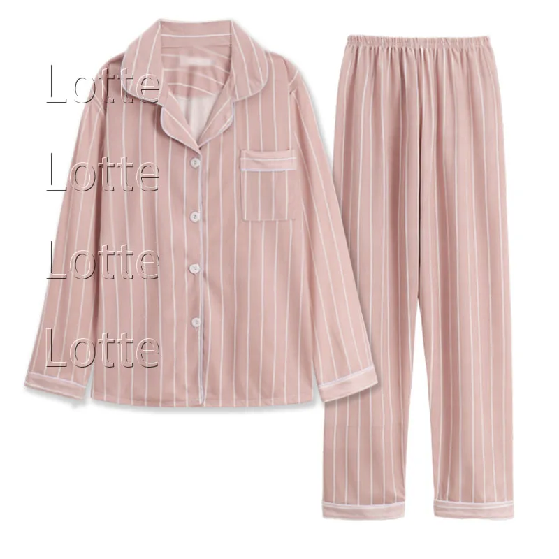 Women Nightshirt Sets Lotte Women Cotton Pajama Set Solid Color Stripes Pyjama Set Long Sleeve Sleepwear Women Top Long Pa