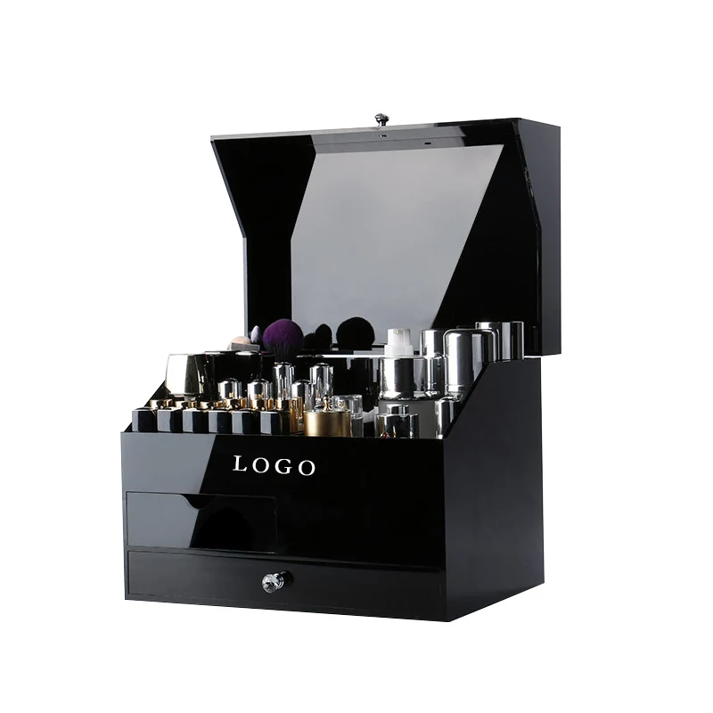 Black Luxury Cosmetic Storage Box Acrylic Makeup Case Organizer with Lid