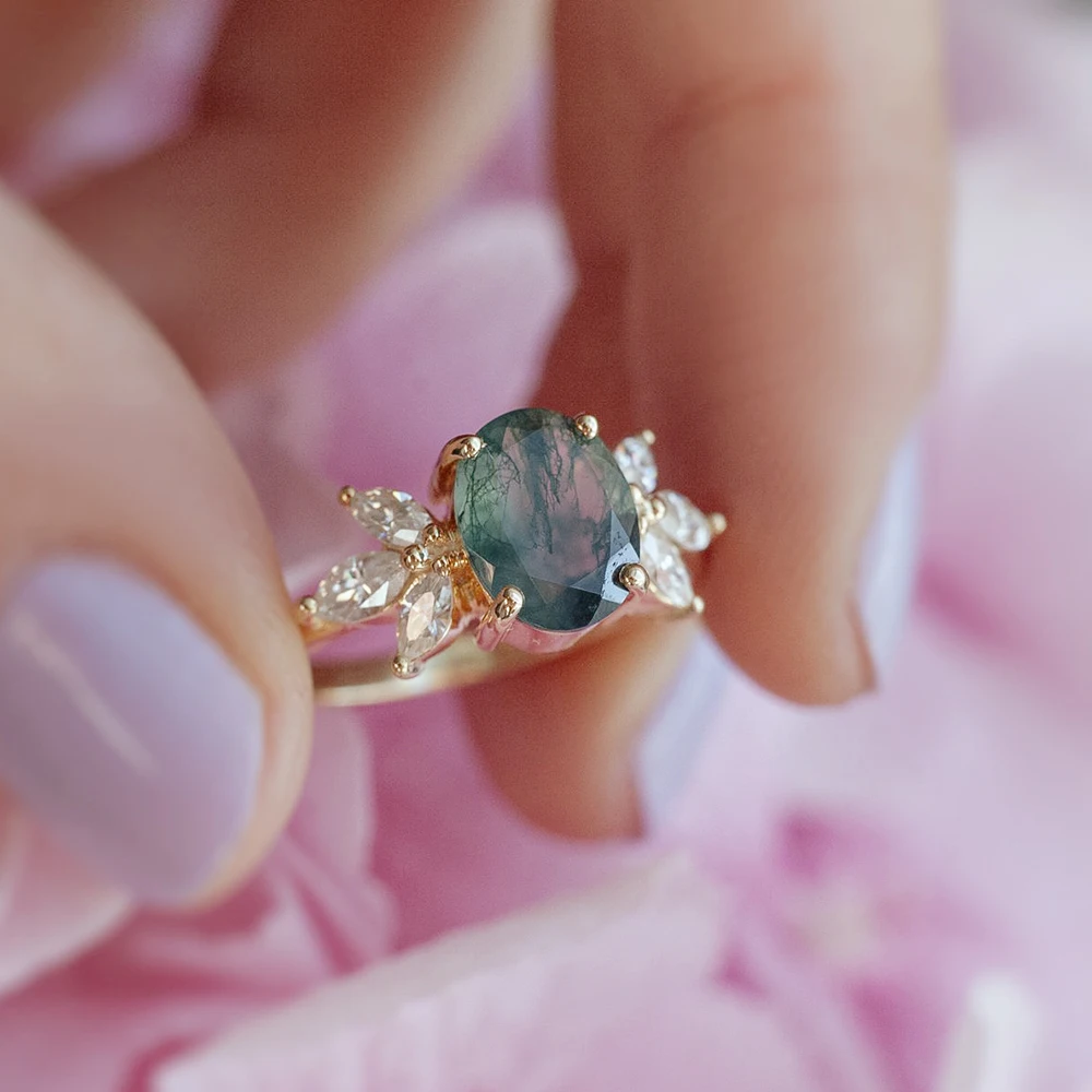 New Arrival Wholesale Beautiful Women Jewelry Oval Moss Agate Ring With Moissanite Engagement Wedding Promise Rings For Gift