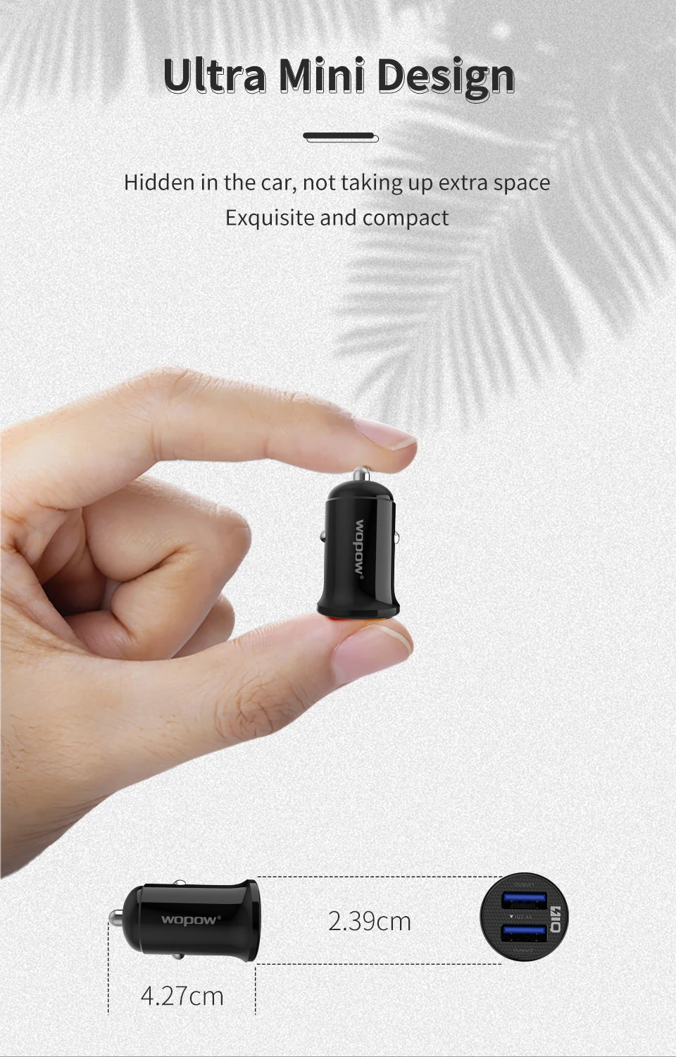 Wopow 2021 IQ2.4A  2 USB Car Charger  Material 94V0 Anti-fire PC DC5V2.4A IQ 12W MAX