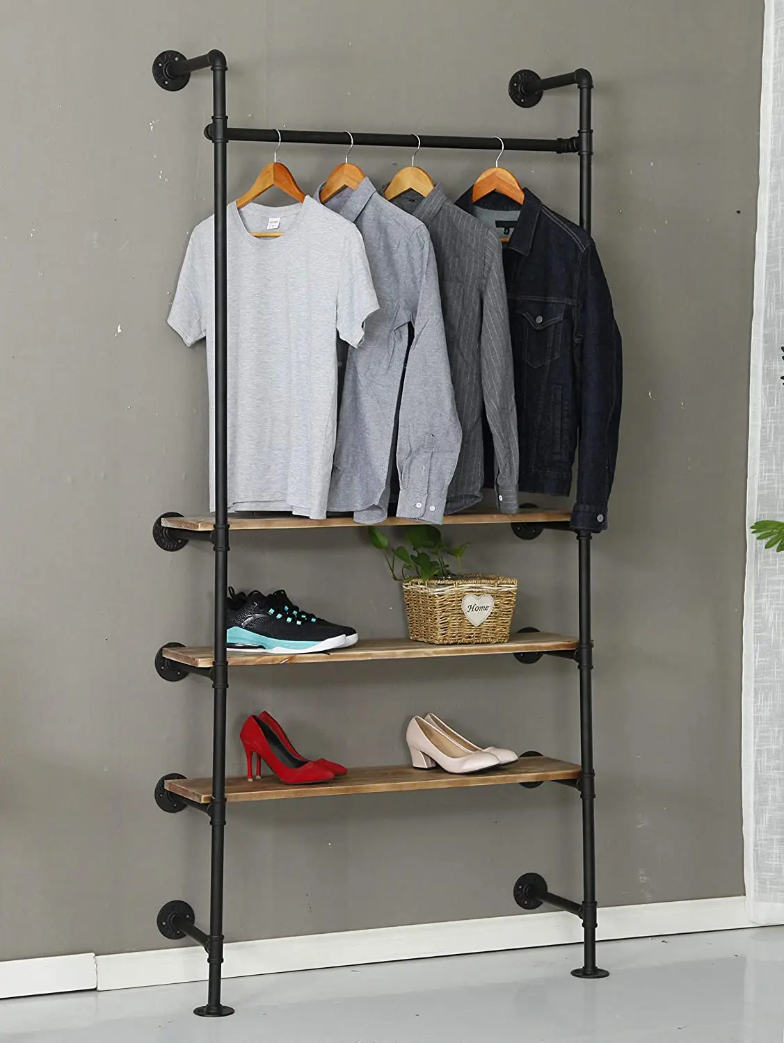 Industrial Pipe Clothing Rack Wood Garment Rack Pipeline Vintage Rolling Rack On Wall