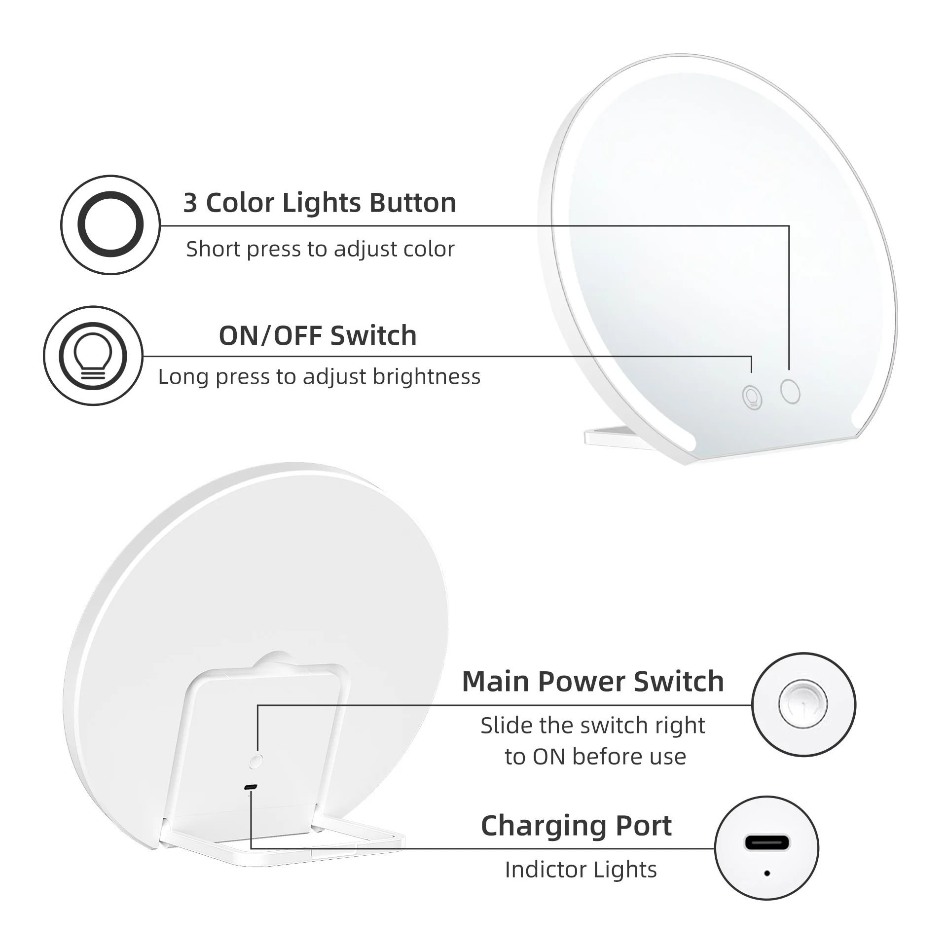 2023 New Arrivals Round Tabletop Makeup Mirror with Folding Stand Portable Travel LED Hanging Wall Mirror with lights