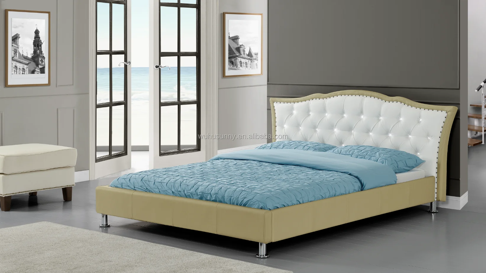 2022 Factory Direct High Quality queen size crush velvet fabric bed frame with headboard