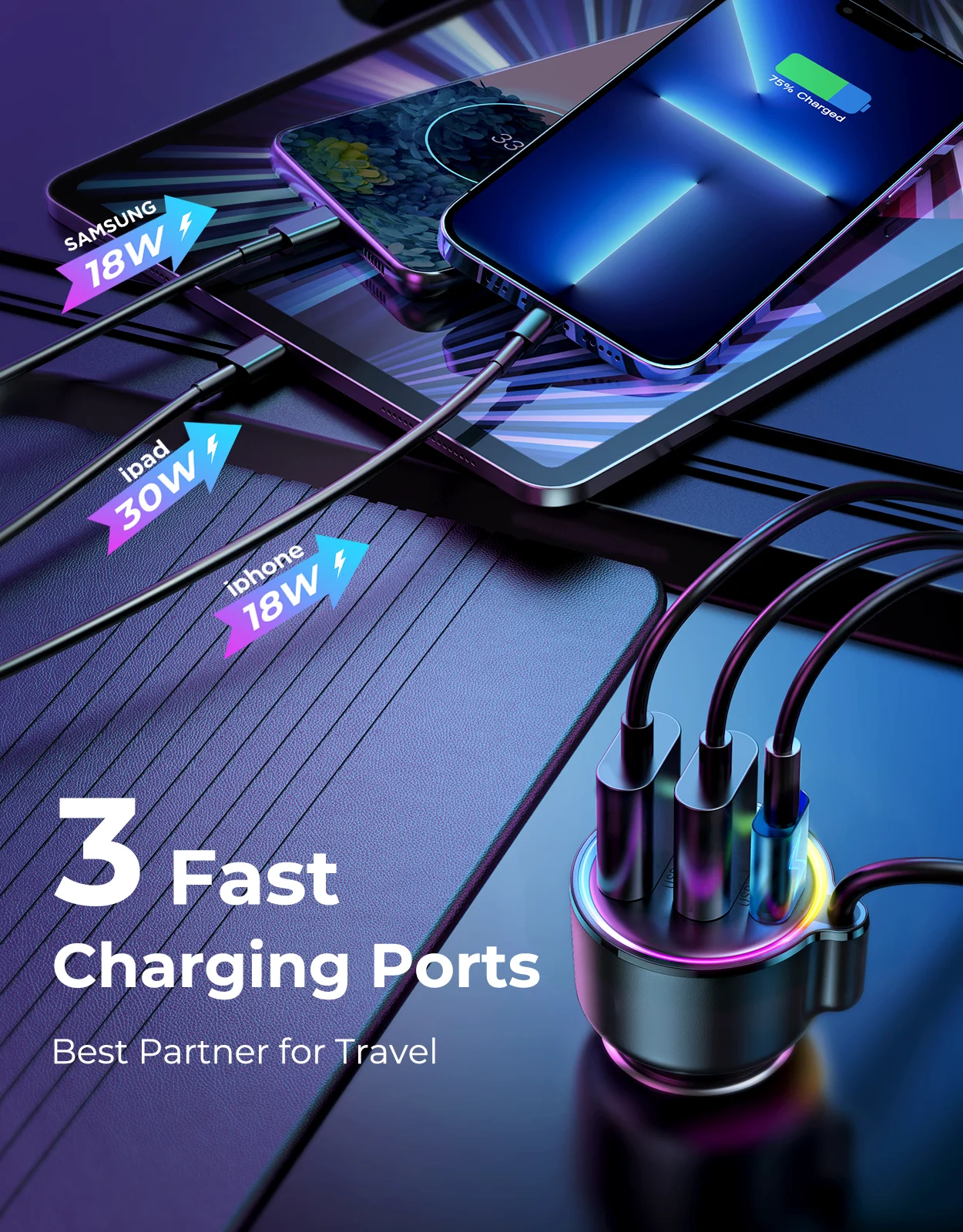 JOYROOM 30w Fast Charging 1.5m TPU Coiled Cable Car Phone Quick Charge 3.0 Usb Car Wireless Fm Transmitter