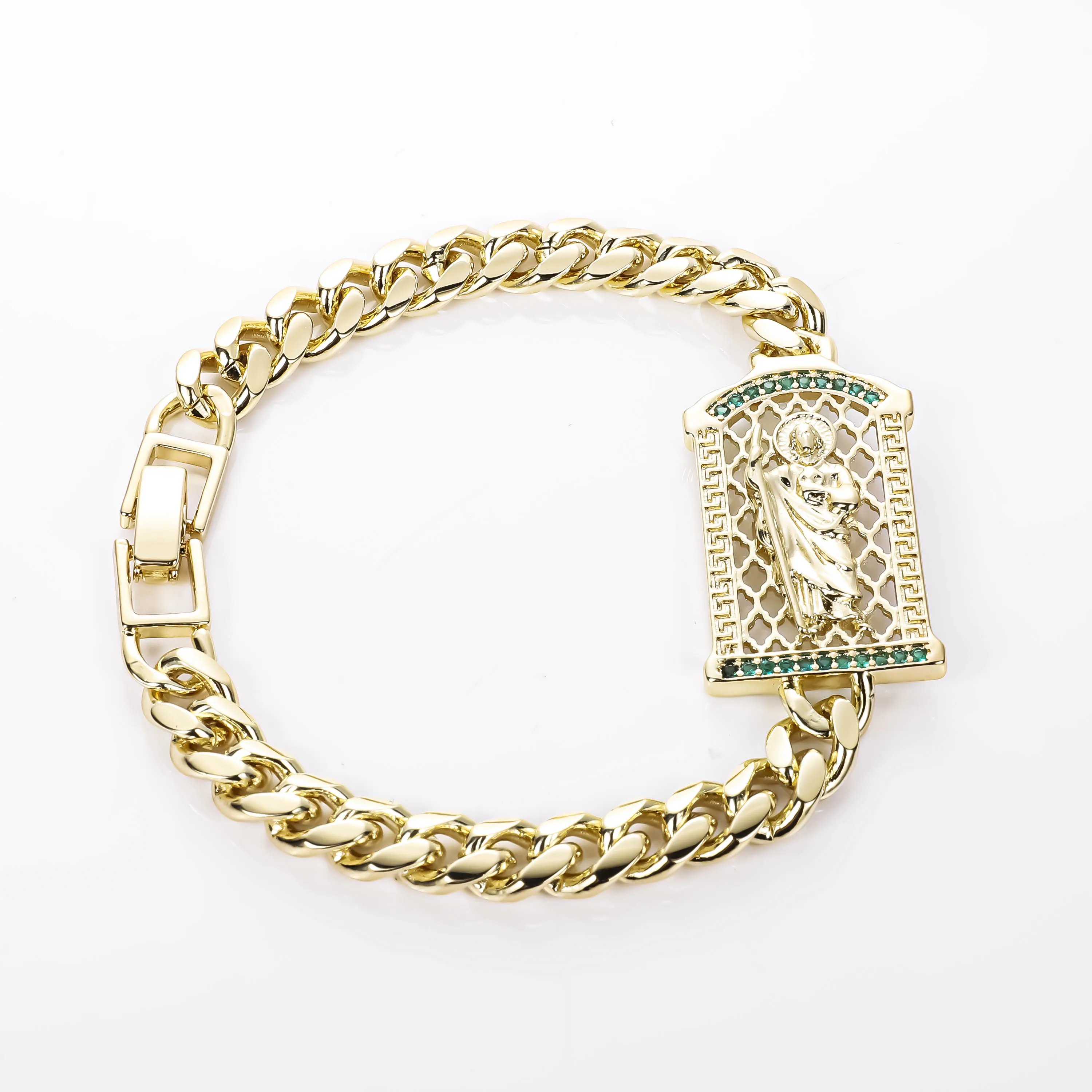 Оптовая продажа ювелирных изделий pulsera 14k позолоченные религиозные украшения унисекс кубинские звенья цепи зеленый циркон san judas tadeo браслет