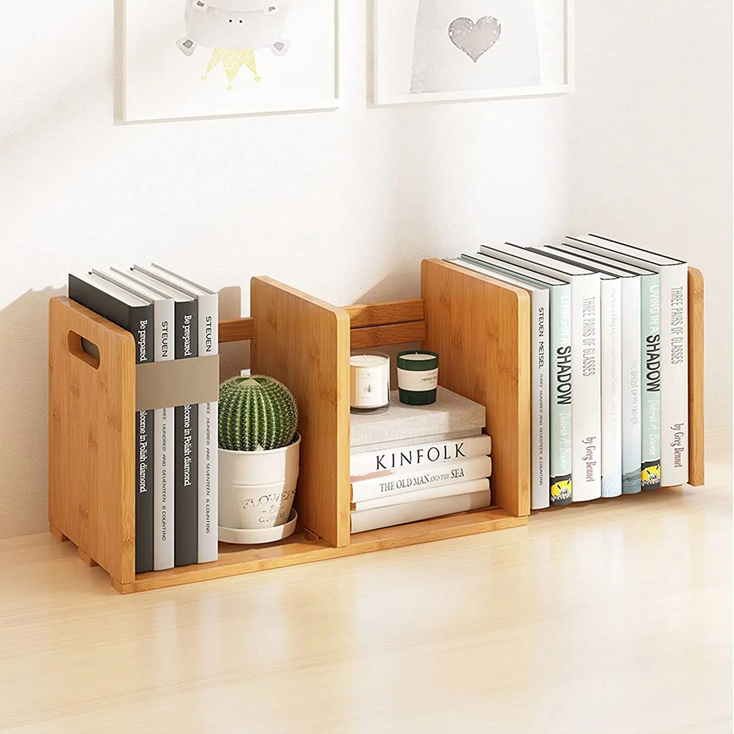 Bamboo Desktop Bookshelf Expandable Organizer Table Top Bookcase Desk Storage Display Shelf Rack for