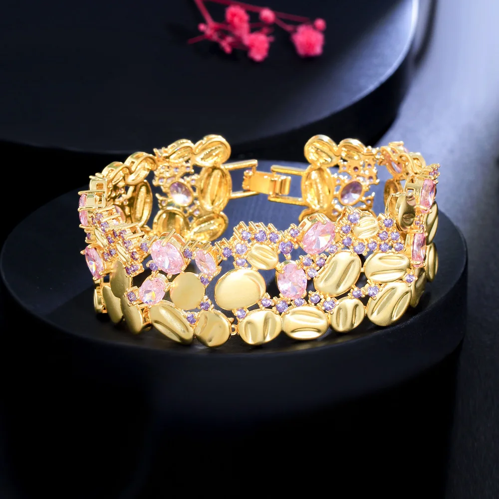 Unique Purple Pink Cubic Zircon Crystal Matte Dubai 18k Gold Plated Chunky Large Wide Cuff Bracelet Bangle Women Wedding Jewelry