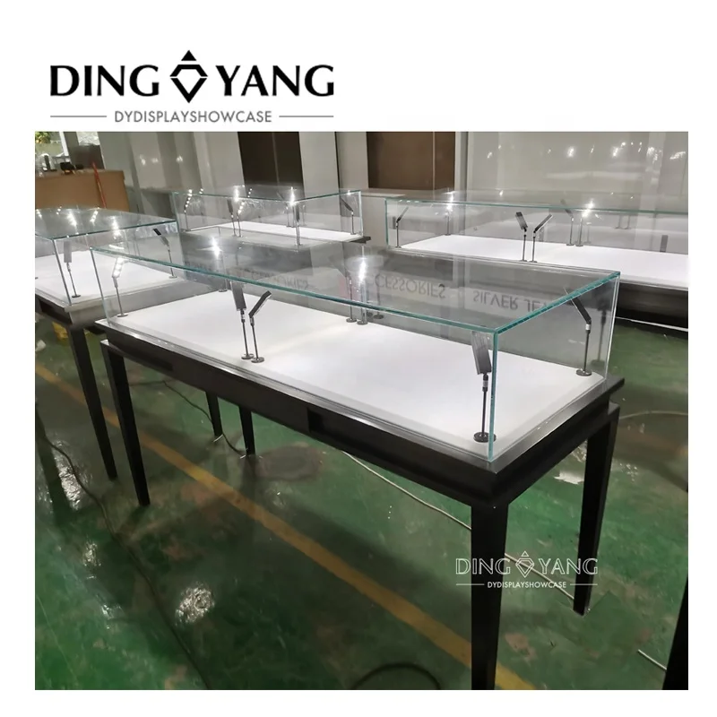 Factory Supply  Ships Fully Assembled Lockable Frameless Black Jewelry Showcase Counter With Led Pole Lights