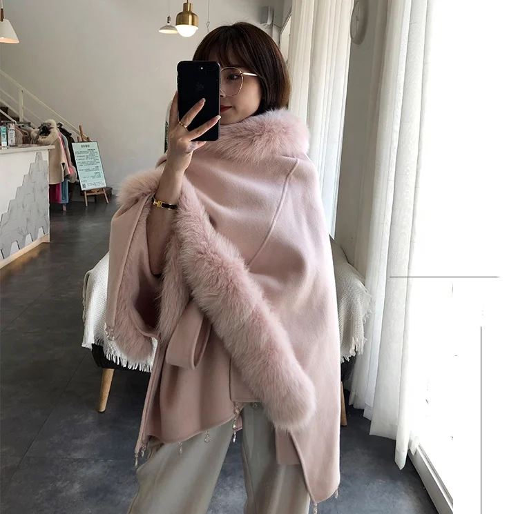 Vintage Cape Poncho Coat Fox Fur Cloak Womens Jacke Bat Sleeve Thick Cardigan Fur Trim Shawl  Wool Cashmere  Outwear Fur Jacket