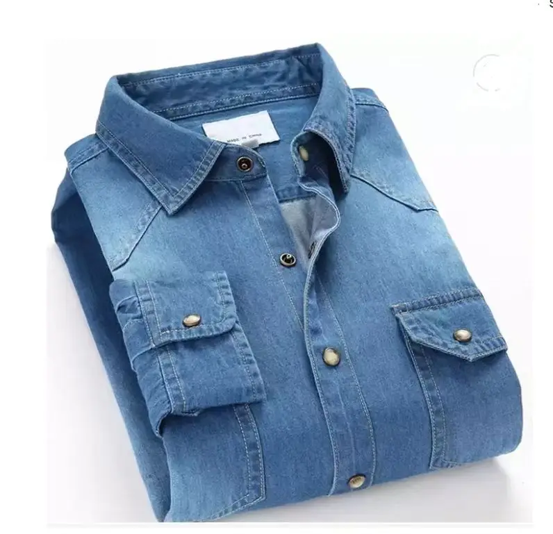 2023 Men Denim Shirts Long Sleeve Soft 100% Cotton Double Pockets Slim Slight Elastic Jeans Blue Tops Cowboy Clothing For Men