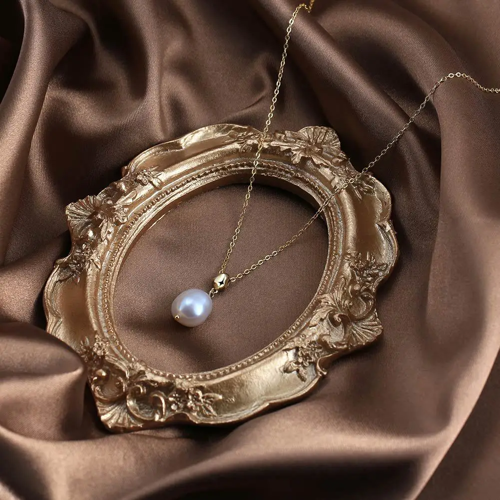 14K Gold Plated S925 Sterling Silver Single Fresh Water  Baroque Pearl Pendant Necklace