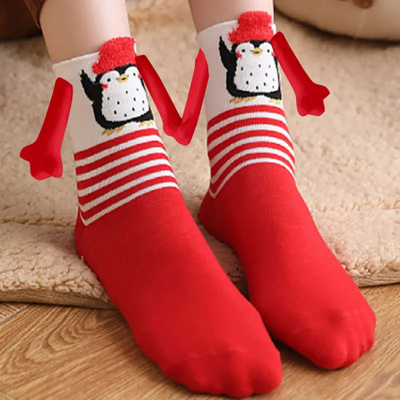 Autumn Winter Knit Snowflake Snowman Reindeer Magnetic Holding Hands Christmas Socks