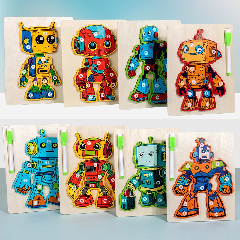 CE CPC New Montessori Wooden Puzzle Toy Double-sided Robot 3D Jigsaw Puzzle Drawing Board Educational Toys For Toddler