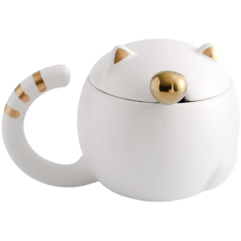 Japanese Maneki Neko Cat Ceramic Mug With Lid And Spoon