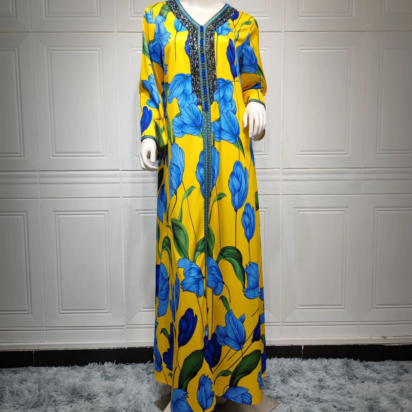 New Arrival Muslim Floral Print Long Jalabiya For Women Elegant Algeria Moroccan Kaftan Arabian Style Maxi Dresses Abaya