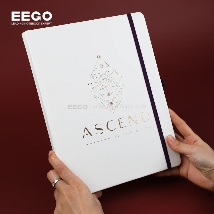 A4 Soft Leather Bound Journal Note Books Lined  8x11 Custom Gold Logo Personalised White Notebook With Elastic Band and Pen