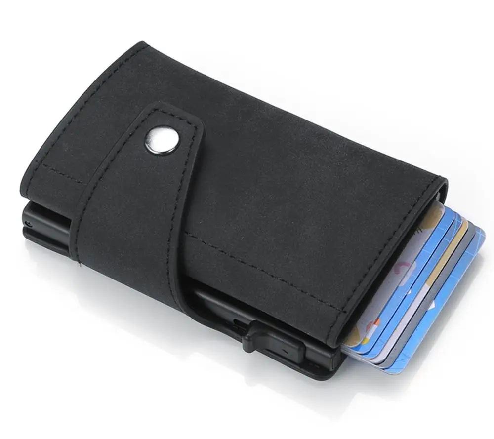 RFID Safe Wallet Card Case Pop-up Card Case 3 fold Genuine Leather Credit Card Holder