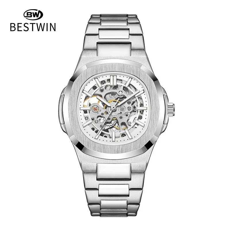 New Design Mechanical Movement Stainless Steel Band Custom logo Branded Black and Golden Color Fully Automatic Watch for Men