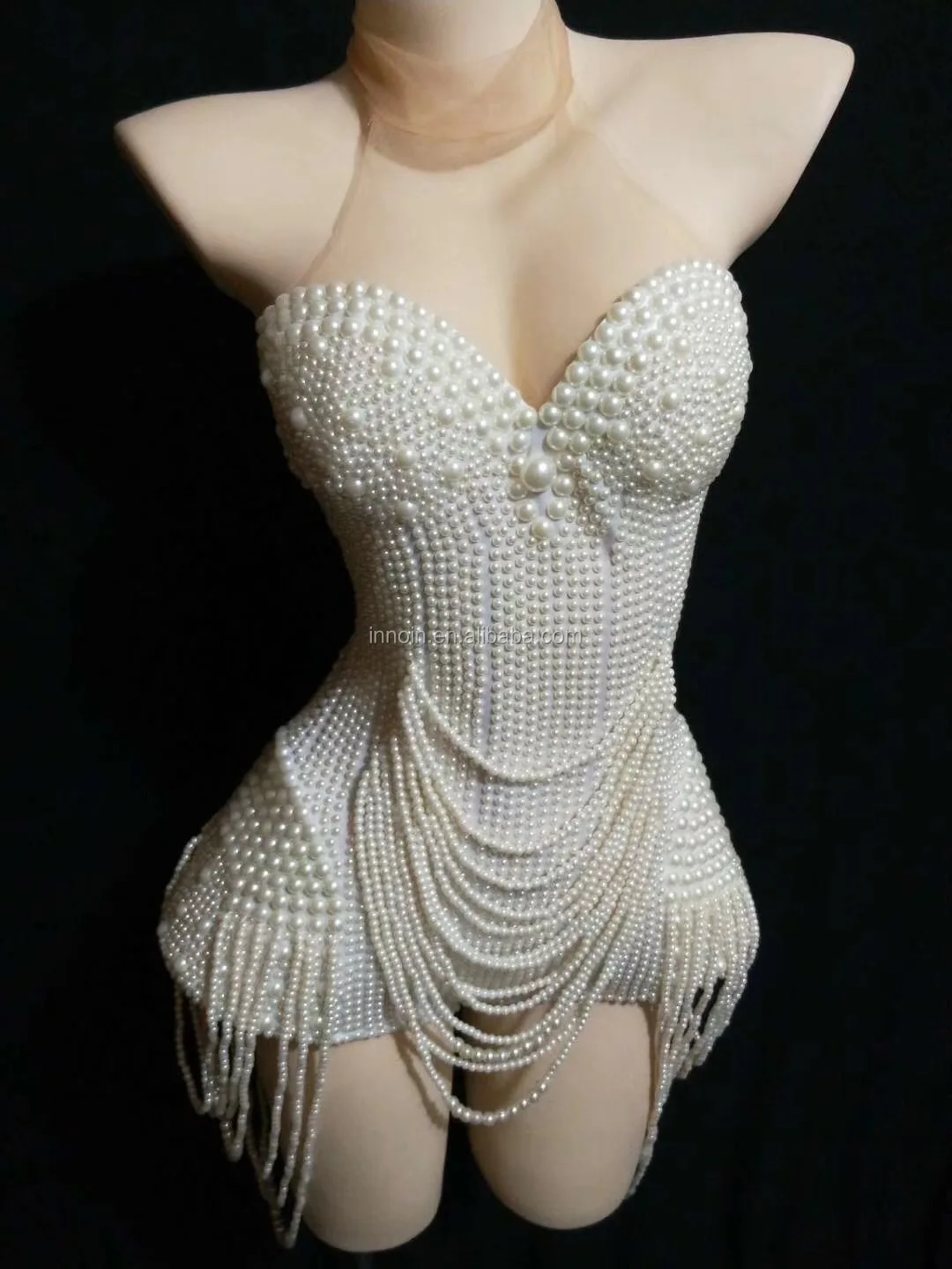 White Pearls Beading Bodysuit Jazz Dance Outfit Evening Stage Show Costume Prom Birthday Bar Women Singer Clothes