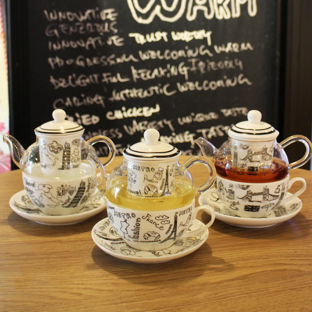 New design pattern bone china cup and saucer set British glass teapot with filter modern coffee tea for one set