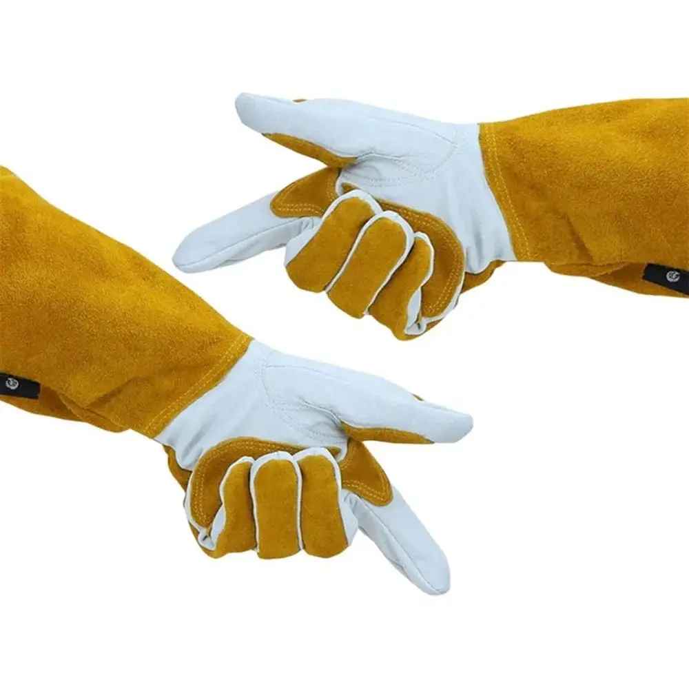 TIG MIG Welding White Yellow Argon 14 Inch Top Cow Split Cuff Sheep Palm Leather High Dexterity Extra Electric Gloves