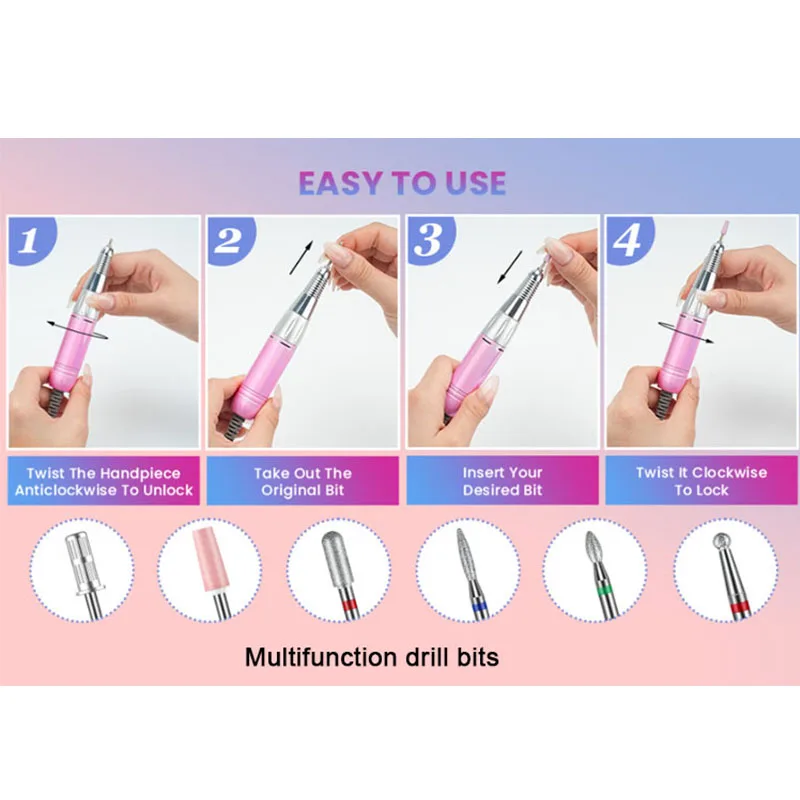 Professional Portable Cordless Nail Drill Machine 35000RPM Crystal Diamonds Rechargeable E-file Nail Polisher for Home Salon