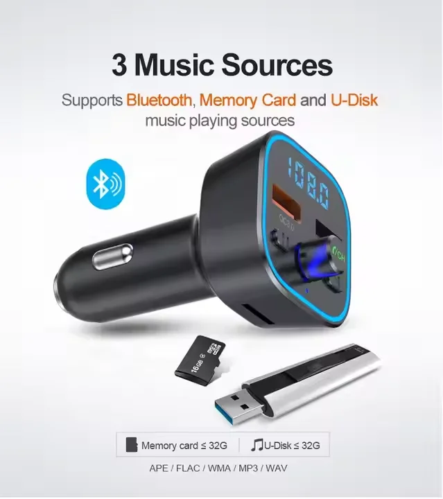Factory car Bluetooth charger conversion head dual-port blue atmosphere light  FM lossless fast charge mps3 player