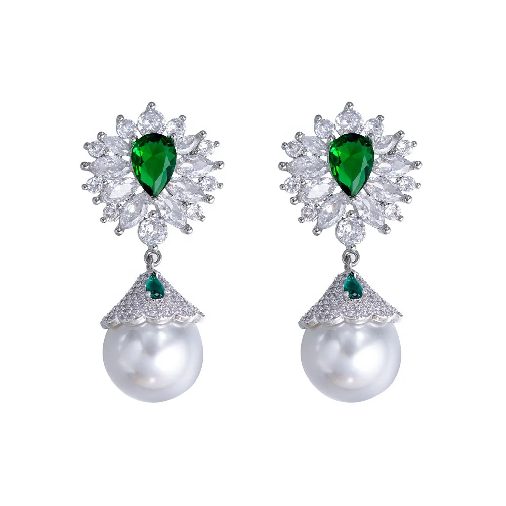 S925 Silver Needle French Light Luxury Style Retro Full Diamond Flower Pearl Earrings Sparkling Emerald Zirconia Earrings