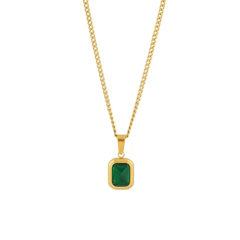 Retro Square Emerald Zircon Pendant Necklace For Women Stainless Steel Necklace Girls Wedding Jewelry Necklace Collar