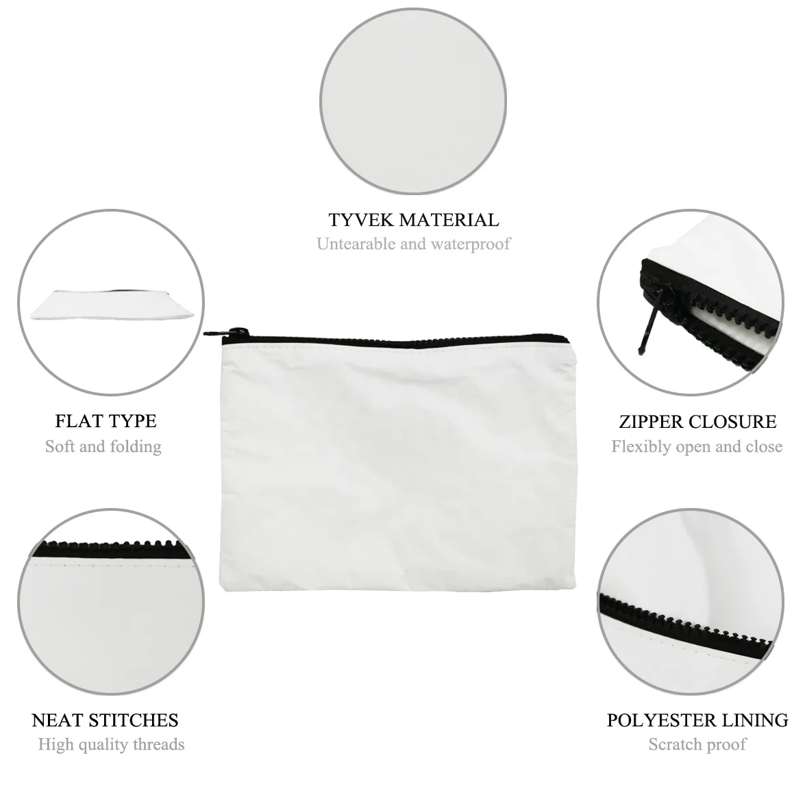 Premium waterproof untearable double-layer dupont paper cosmetic zipper bag tyvek makeup pouch
