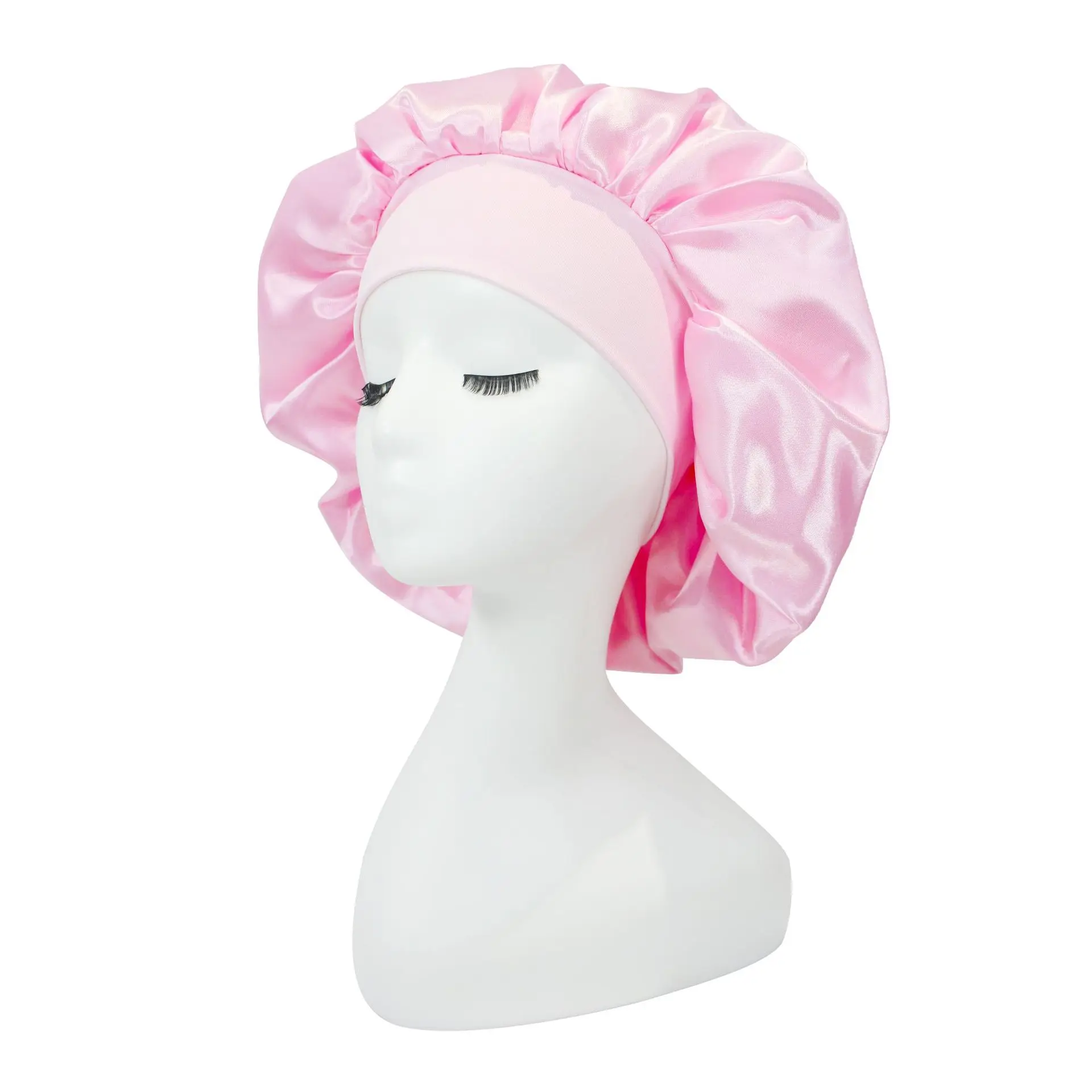 low Moq Custom Adjustable Fashion Double Layer Satin Silk Large Women Sleeping Hair Cap Bonnets Hats with Logo